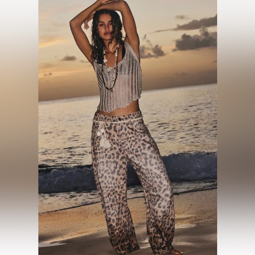 We The Free Free People Good Luck Printed Barrel Jeans Cheetah Leopard Animal